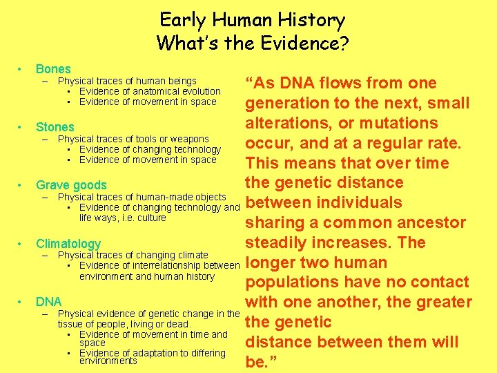 Early Human History What’s the Evidence? • • • Bones “As DNA flows from