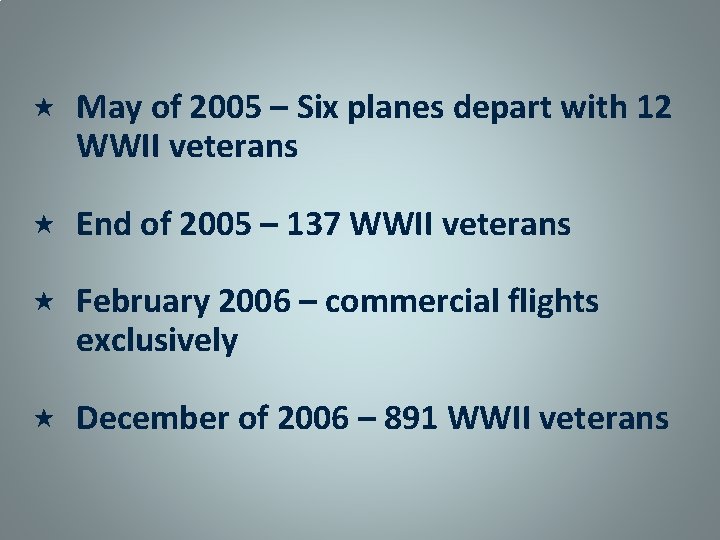  May of 2005 – Six planes depart with 12 WWII veterans End of