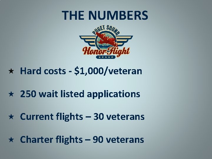 THE NUMBERS Hard costs - $1, 000/veteran 250 wait listed applications Current flights –