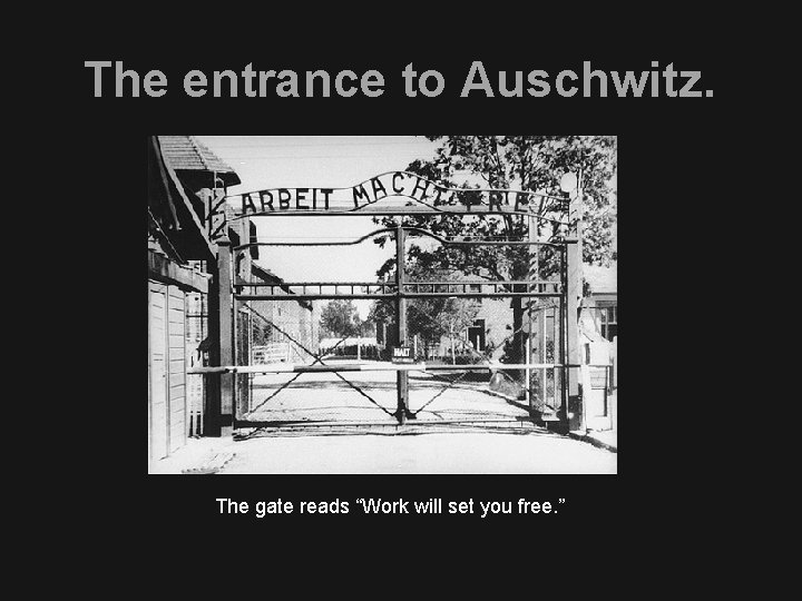 The entrance to Auschwitz. The gate reads “Work will set you free. ” 