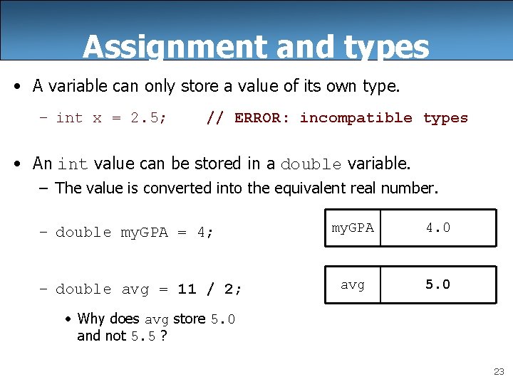 Assignment and types • A variable can only store a value of its own