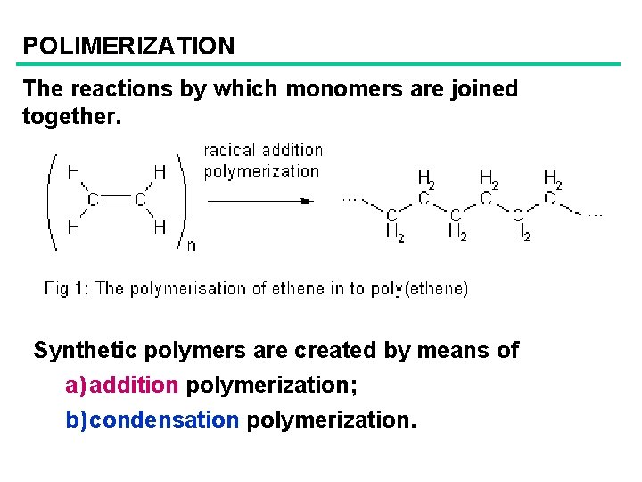 POLIMERIZATION The reactions by which monomers are joined together. Synthetic polymers are created by