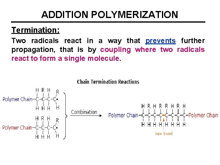 ADDITION POLYMERIZATION Termination: Two radicals react in a way that prevents further propagation, that
