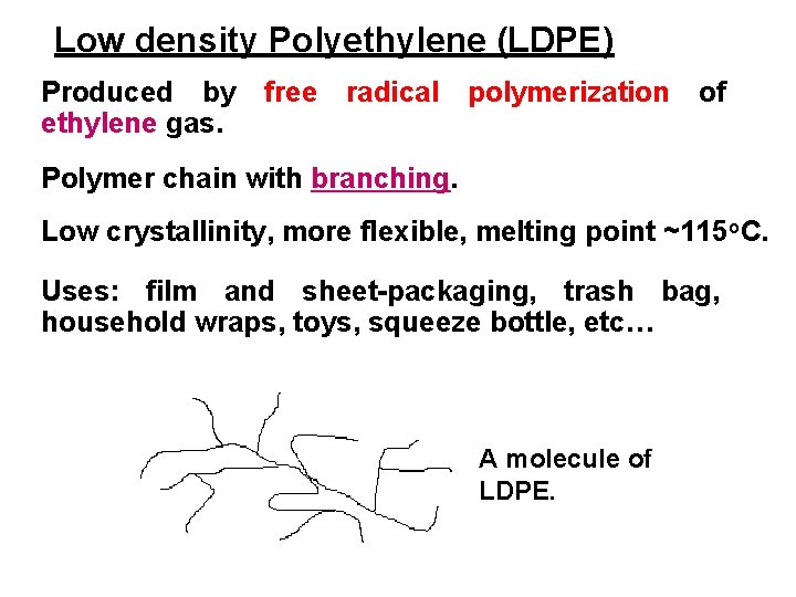 Low density Polyethylene (LDPE) Produced by free radical ethylene gas. polymerization of Polymer chain