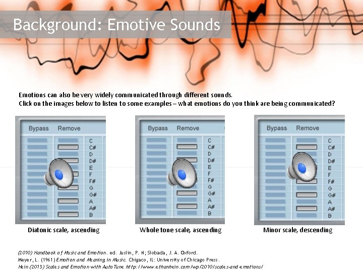 Background: Emotive Sounds Emotions can also be very widely communicated through different sounds. Click