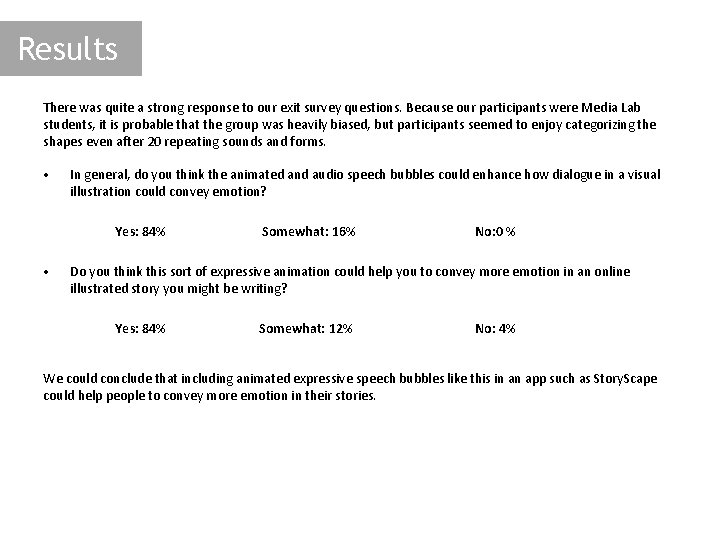 Results There was quite a strong response to our exit survey questions. Because our