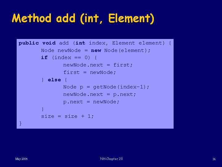 Method add (int, Element) public void add (int index, Element element) { Node new.