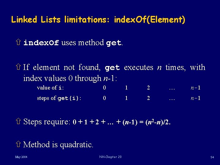 Linked Lists limitations: index. Of(Element) ñ index. Of uses method get. ñ If element