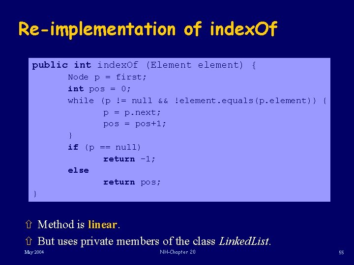 Re-implementation of index. Of public int index. Of (Element element) { Node p =