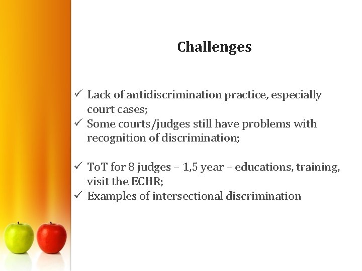 Challenges ü Lack of antidiscrimination practice, especially court cases; ü Some courts/judges still have