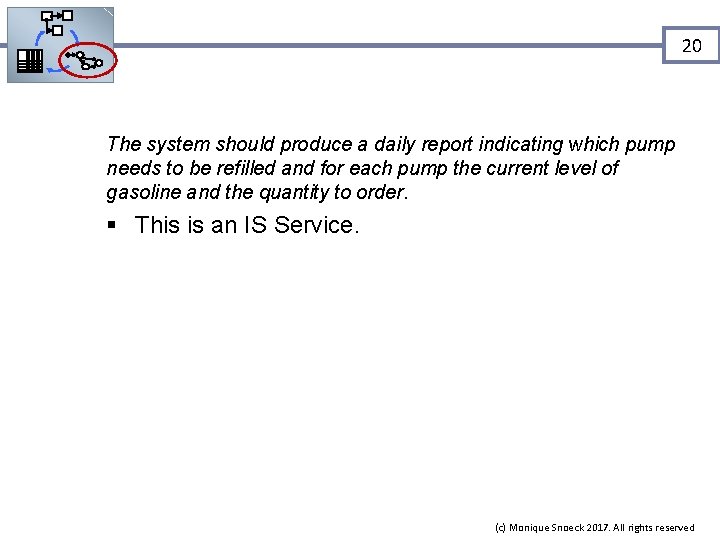 20 The system should produce a daily report indicating which pump needs to be