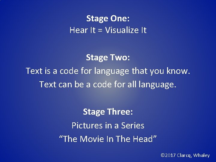 Stage One: Hear It = Visualize It Stage Two: Text is a code for