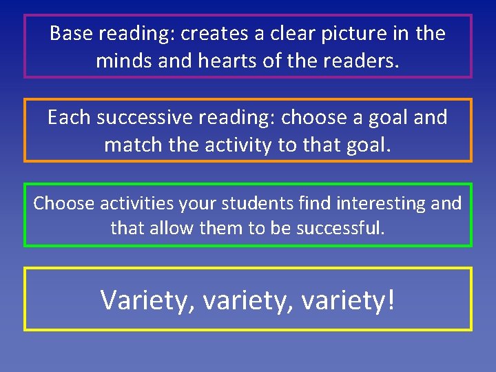 Base reading: creates a clear picture in the minds and hearts of the readers.