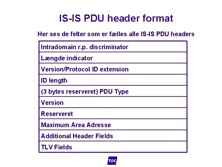 IS-IS PDU header format Her ses de felter som er fælles alle IS-IS PDU
