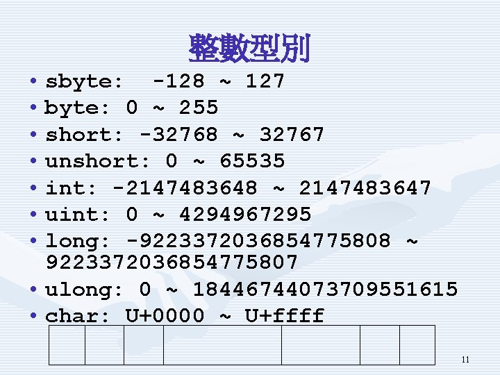 整數型別 • sbyte: -128 ~ 127 • byte: 0 ~ 255 • short: -32768