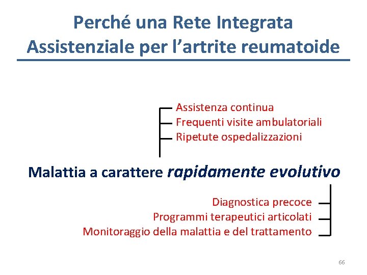 Perché una Rete Integrata Assistenziale per l’artrite reumatoide Assistenza continua Frequenti visite ambulatoriali Ripetute