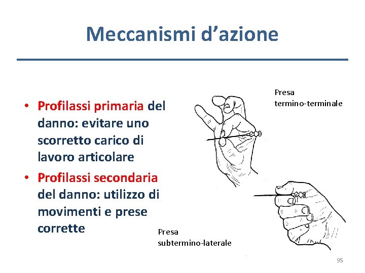 Meccanismi d’azione • Profilassi primaria del danno: evitare uno scorretto carico di lavoro articolare