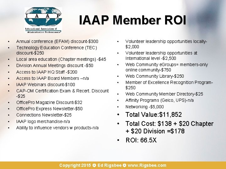 IAAP Member ROI • • • • Annual conference (EFAM) discount-$300 Technology Education Conference
