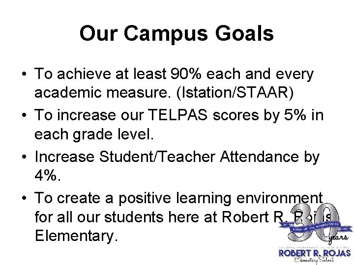 Our Campus Goals • To achieve at least 90% each and every academic measure.