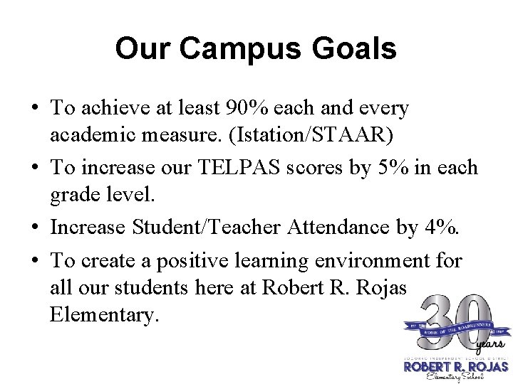 Our Campus Goals • To achieve at least 90% each and every academic measure.