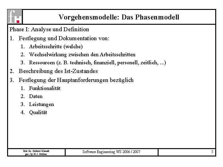 Vorgehensmodelle: Das Phasenmodell Phase I: Analyse und Definition 1. Festlegung und Dokumentation von: 1.