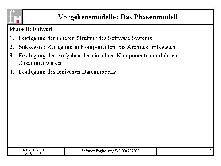 Vorgehensmodelle: Das Phasenmodell Phase II: Entwurf 1. Festlegung der inneren Struktur des Software Systems