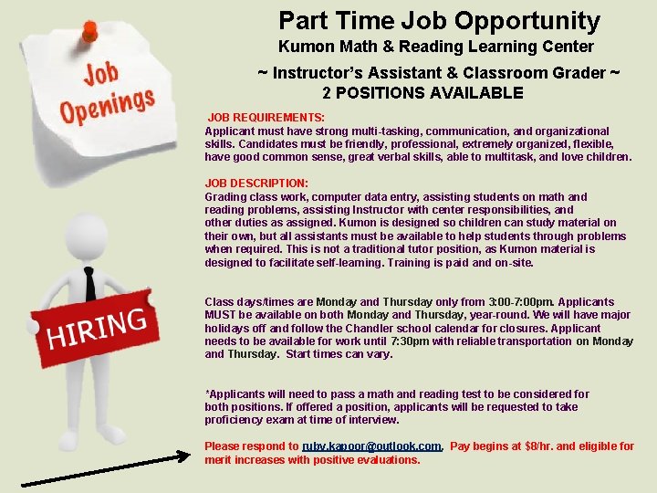 Part Time Job Opportunity Kumon Math & Reading Learning Center ~ Instructor’s Assistant &