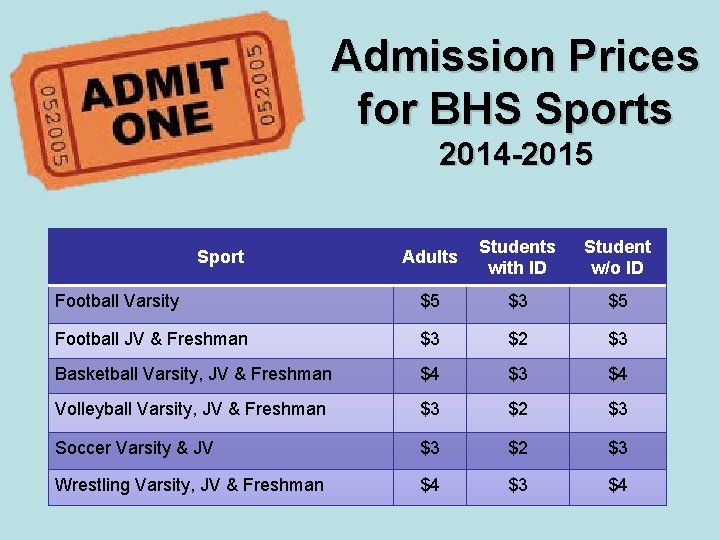 Admission Prices for BHS Sports 2014 -2015 Adults Students with ID Student w/o ID