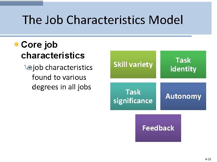 The Job Characteristics Model Core job characteristics 9 job characteristics found to various degrees