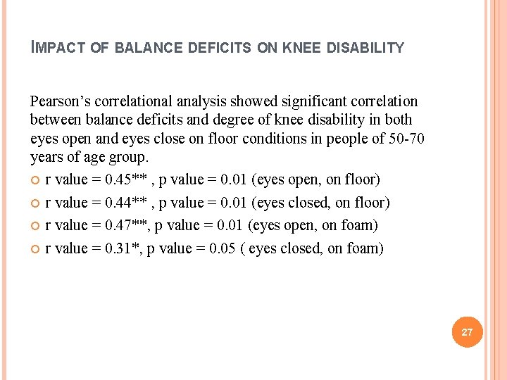 IMPACT OF BALANCE DEFICITS ON KNEE DISABILITY Pearson’s correlational analysis showed significant correlation between