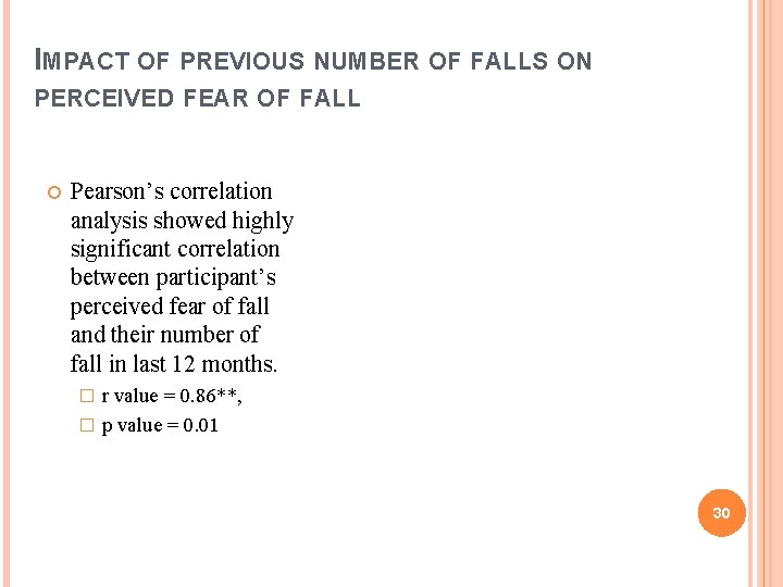 IMPACT OF PREVIOUS NUMBER OF FALLS ON PERCEIVED FEAR OF FALL Pearson’s correlation analysis