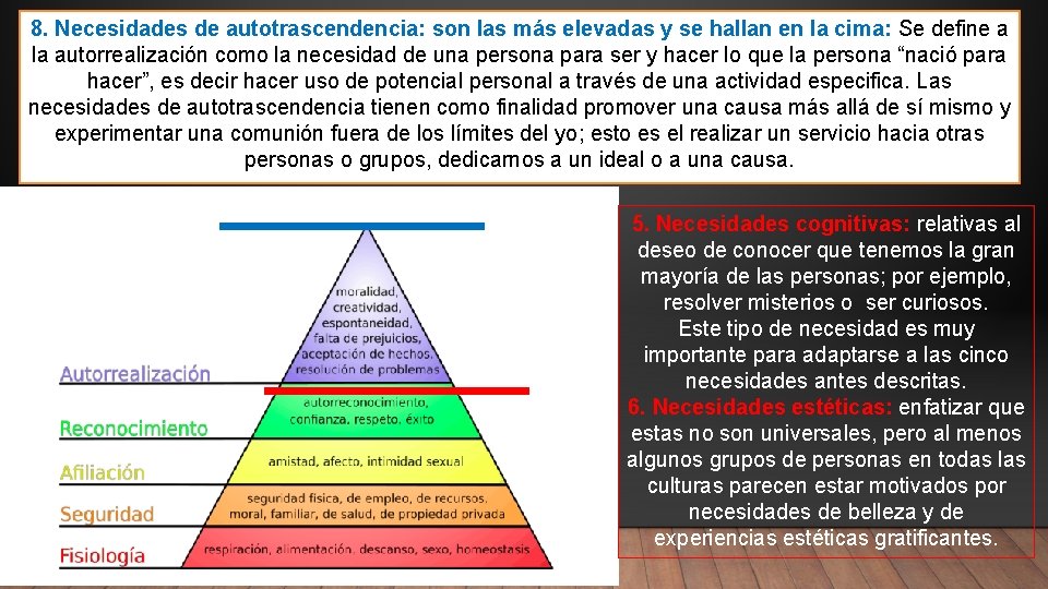8. Necesidades de autotrascendencia: son las más elevadas y se hallan en la cima: