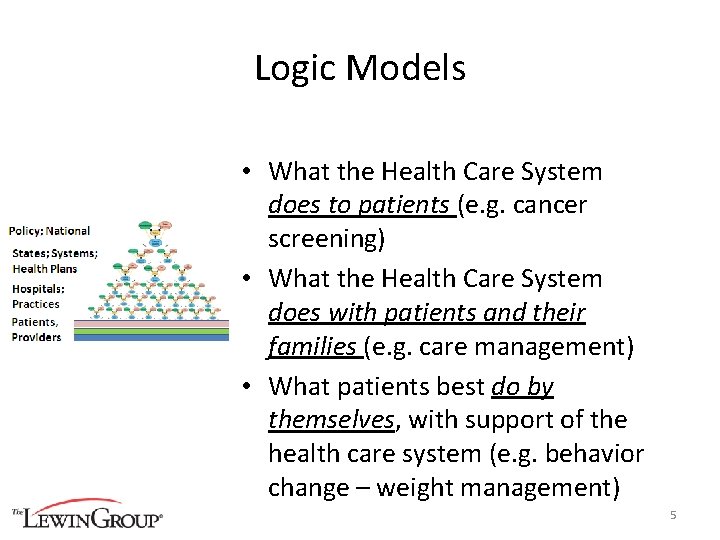 Logic Models • What the Health Care System does to patients (e. g. cancer