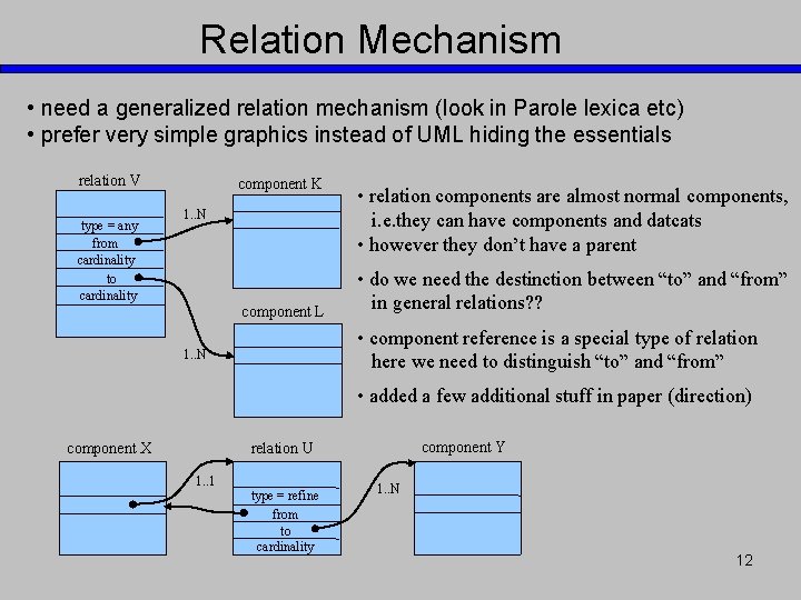 Relation Mechanism • need a generalized relation mechanism (look in Parole lexica etc) •