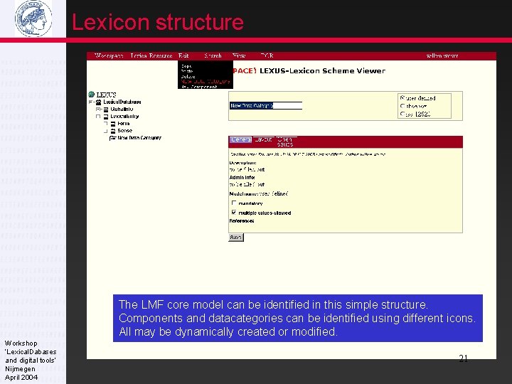 Lexicon structure The LMF core model can be identified in this simple structure. Components