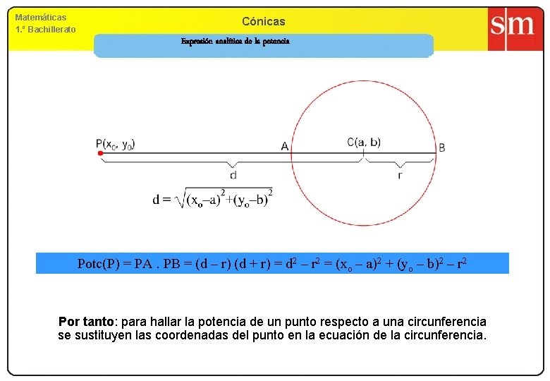 Matemáticas 1. º Bachillerato Cónicas Expresión analítica de la potencia Potc(P) = PA. PB