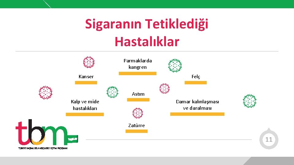 Sigaranın Tetiklediği Hastalıklar Parmaklarda kangren Kanser Felç Astım Damar kalınlaşması ve daralması Kalp ve