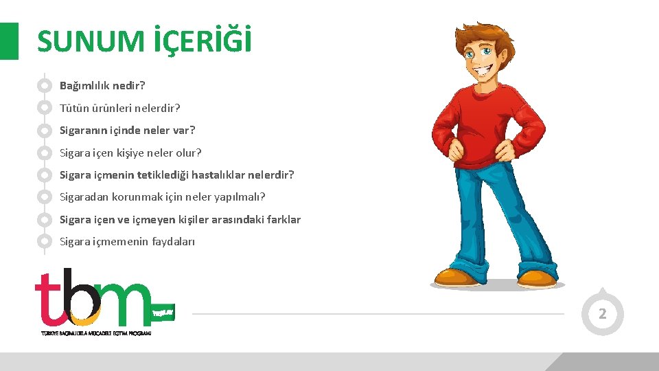 SUNUM İÇERİĞİ Bağımlılık nedir? Tütün ürünleri nelerdir? Sigaranın içinde neler var? Sigara içen kişiye