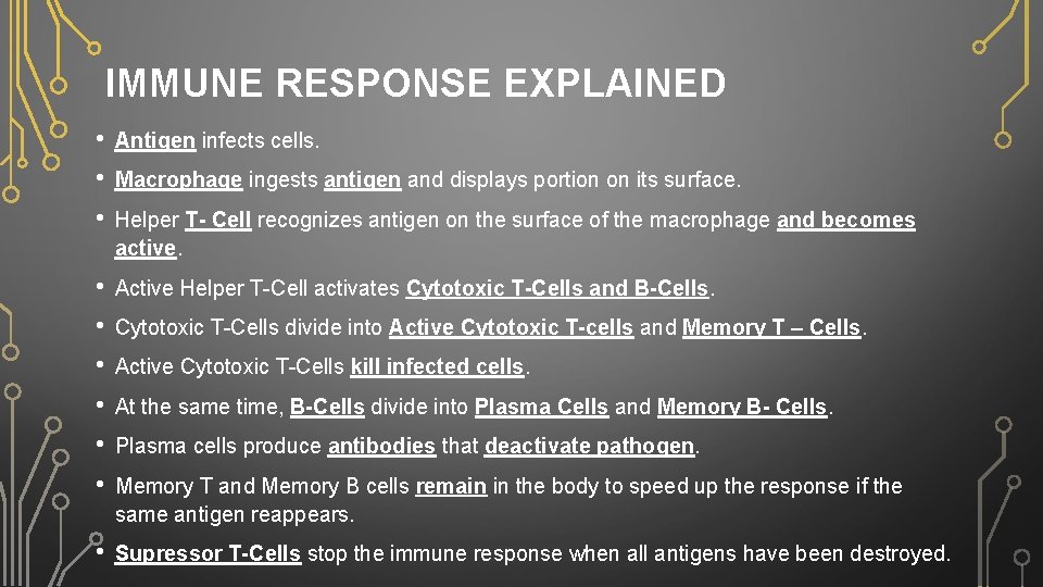 IMMUNE RESPONSE EXPLAINED • • • Antigen infects cells. • • • Active Helper