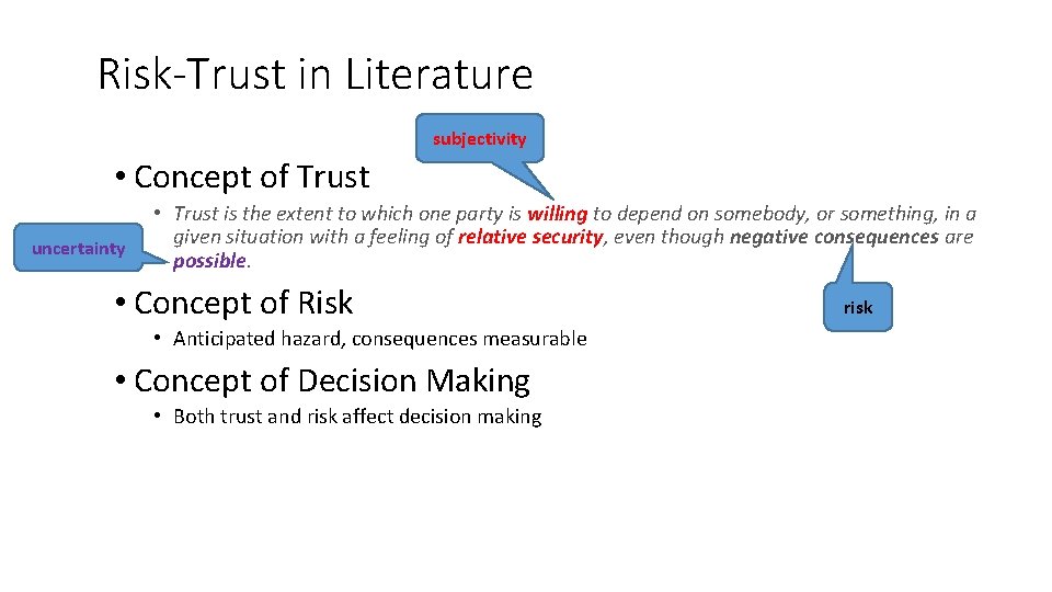 Risk-Trust in Literature subjectivity • Concept of Trust uncertainty • Trust is the extent