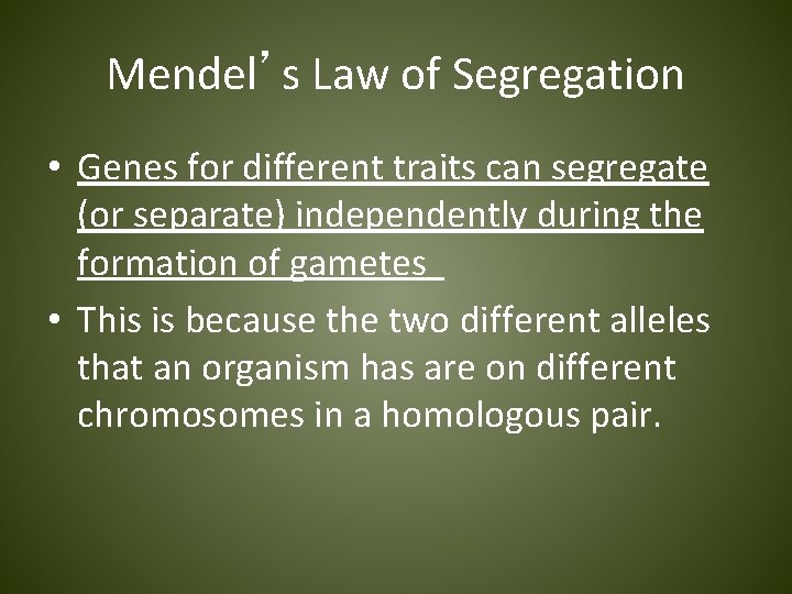 Mendel’s Law of Segregation • Genes for different traits can segregate (or separate) independently