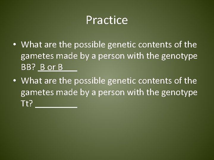 Practice • What are the possible genetic contents of the gametes made by a