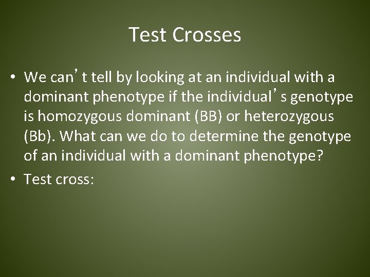 Test Crosses • We can’t tell by looking at an individual with a dominant