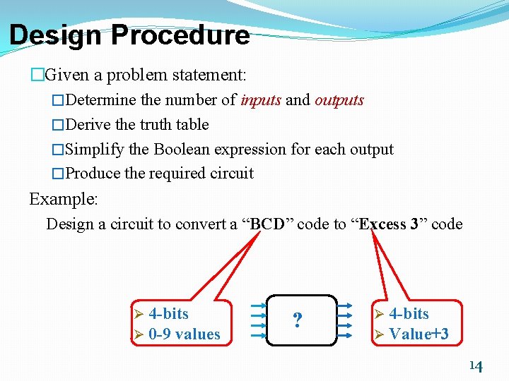 Design Procedure �Given a problem statement: �Determine the number of inputs and outputs �Derive