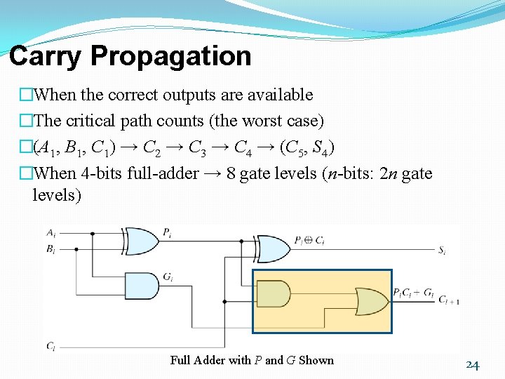 Carry Propagation �When the correct outputs are available �The critical path counts (the worst