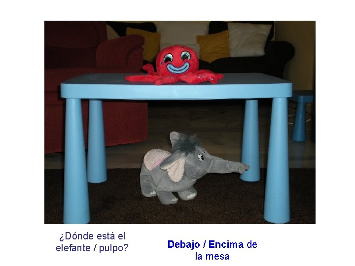 ¿Dónde está el elefante / pulpo? Debajo / Encima de la mesa 