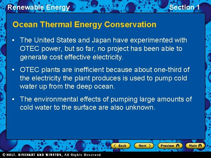 Renewable Energy Section 1 Ocean Thermal Energy Conservation • The United States and Japan