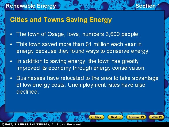 Renewable Energy Section 1 Cities and Towns Saving Energy • The town of Osage,