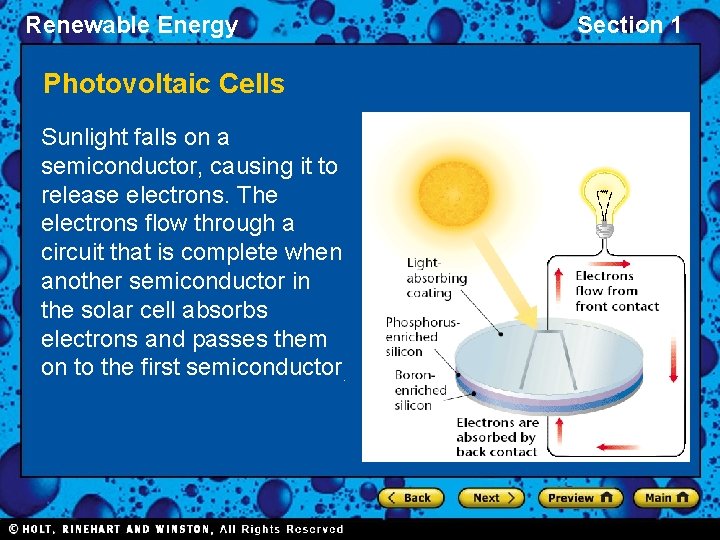 Renewable Energy Photovoltaic Cells Sunlight falls on a semiconductor, causing it to release electrons.