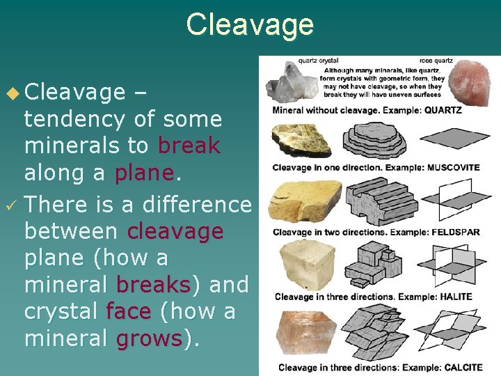 Cleavage u Cleavage – tendency of some minerals to break along a plane. ü